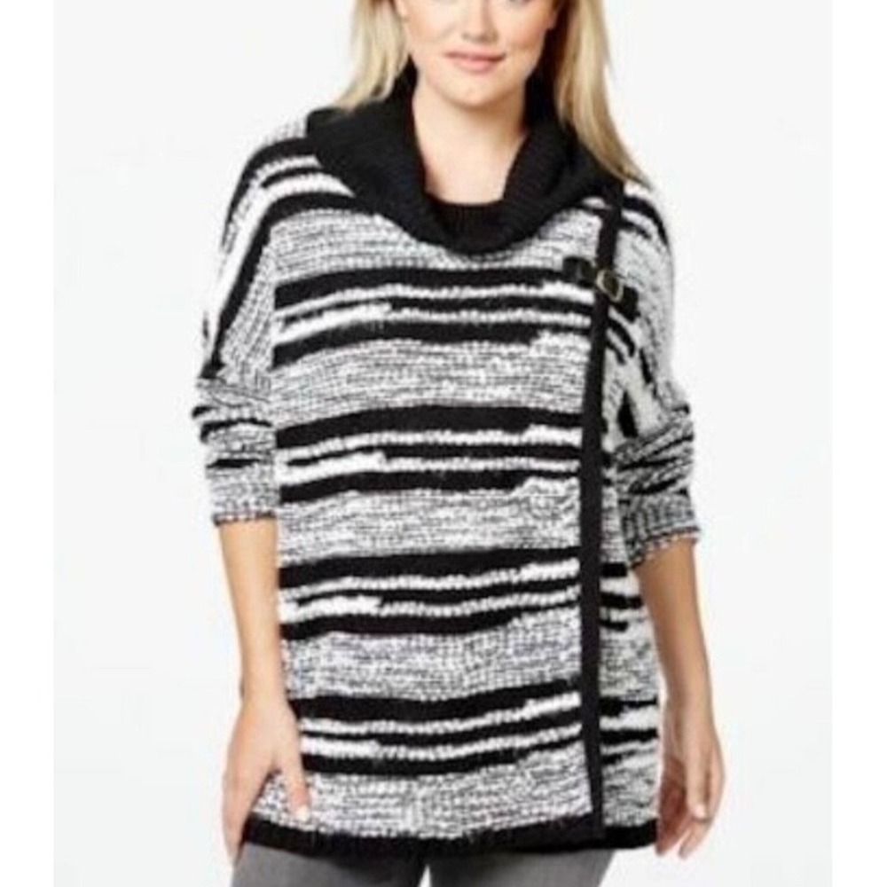 Calvin Klein Cowl Neck‎ Sweater Cape  L/XL Black White Chunky Long Sleeve